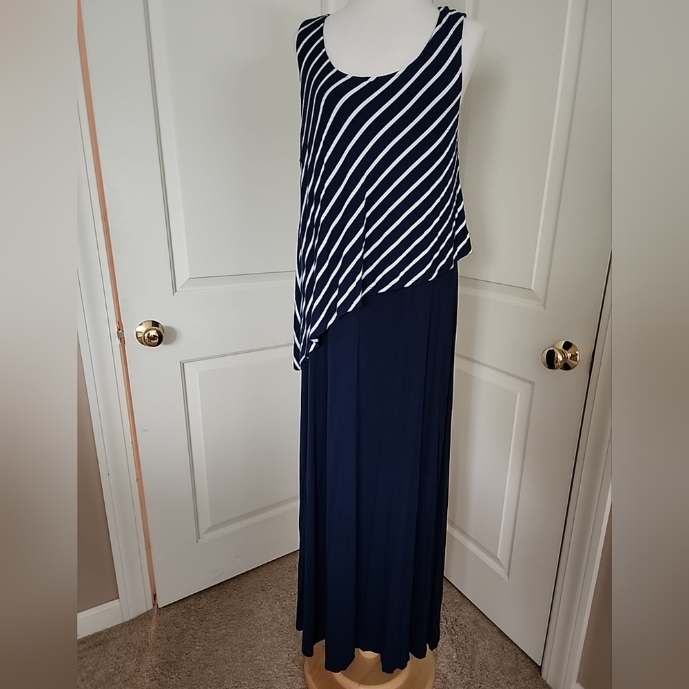 Style & Co Navy and White Striped Maxi Dress Sz L